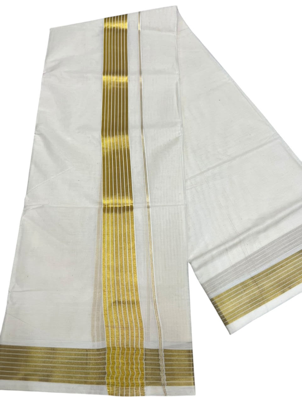 Southloom Kerala Pure Cotton Double Mundu with Gold  Kasavu Lines Border (South Indian Dhoti)