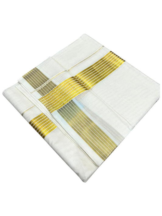 Southloom Kerala Pure Cotton Double Mundu with Gold  Kasavu Lines Border (South Indian Dhoti)