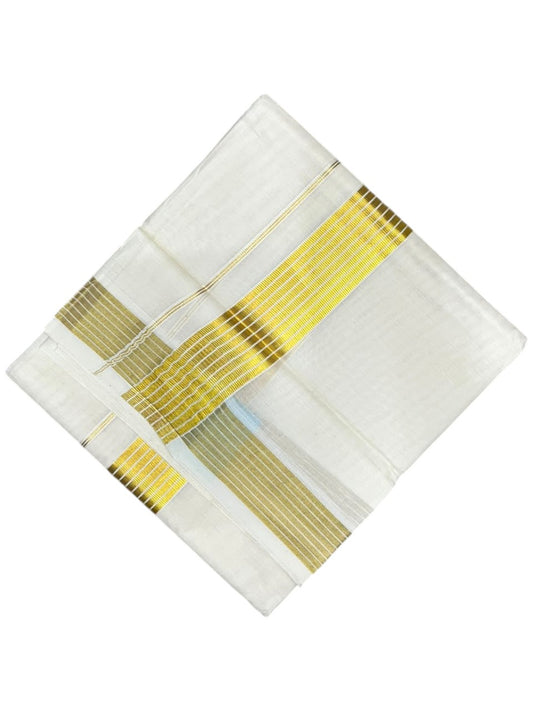 Southloom Kerala Pure Cotton Double Mundu with Gold Kasavu Lines Border (South Indian Dhoti)