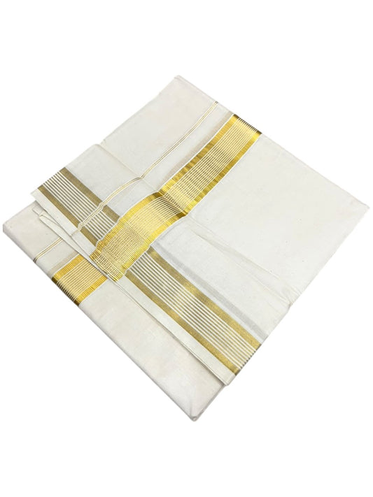Southloom Kerala Pure Cotton Double Mundu with Gold  Kasavu Lines Border (South Indian Dhoti)
