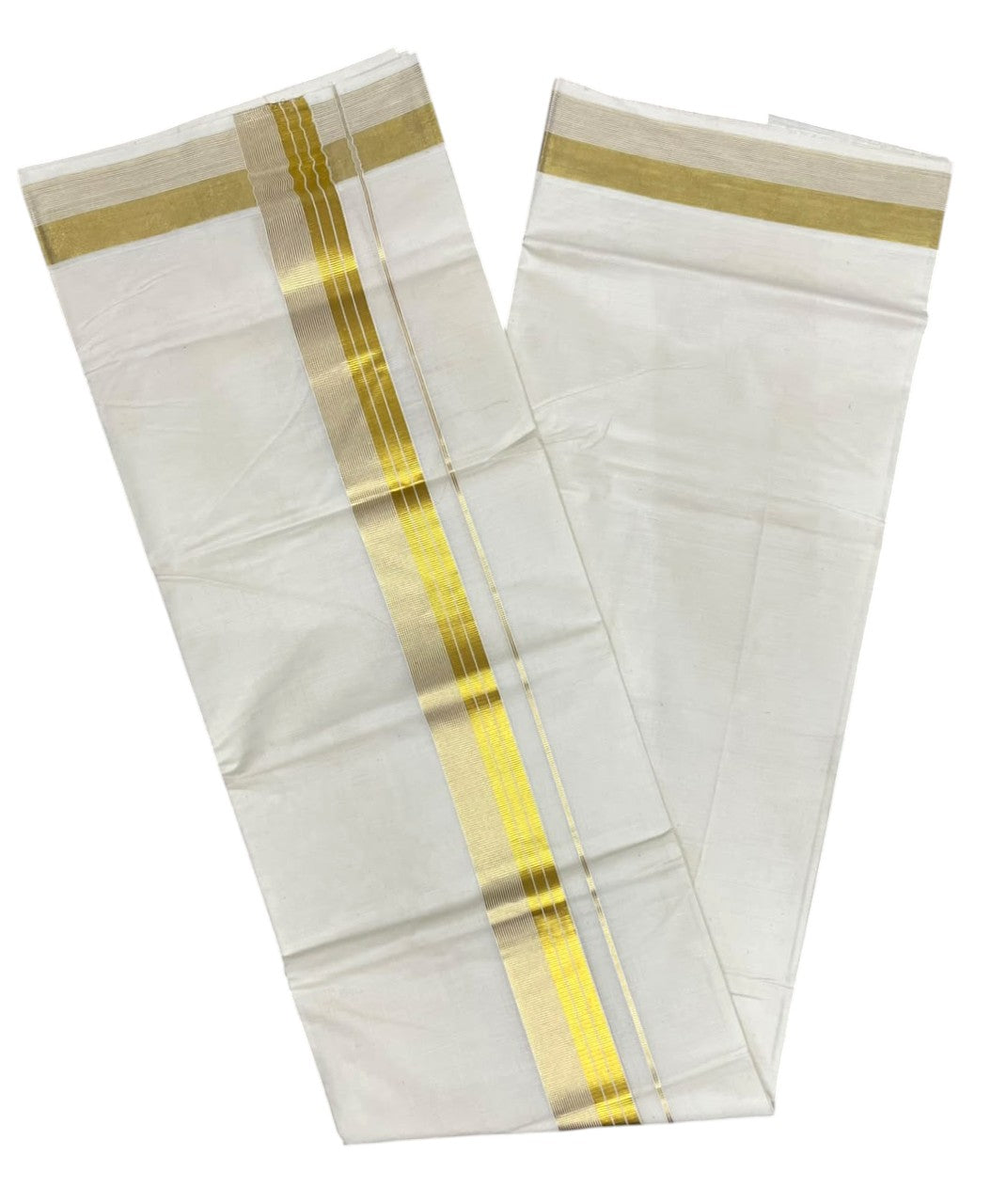 Southloom Kerala Pure Cotton Double Mundu with Gold  Kasavu Lines Border (South Indian Dhoti)