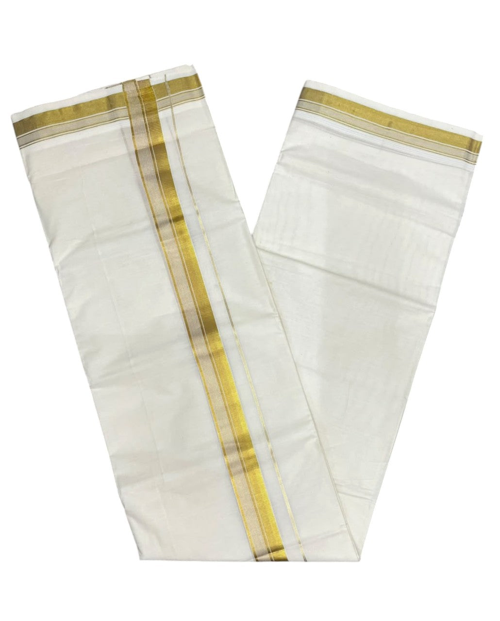 Southloom Kerala Pure Cotton Double Mundu with Gold  Kasavu Lines Border (South Indian Dhoti)