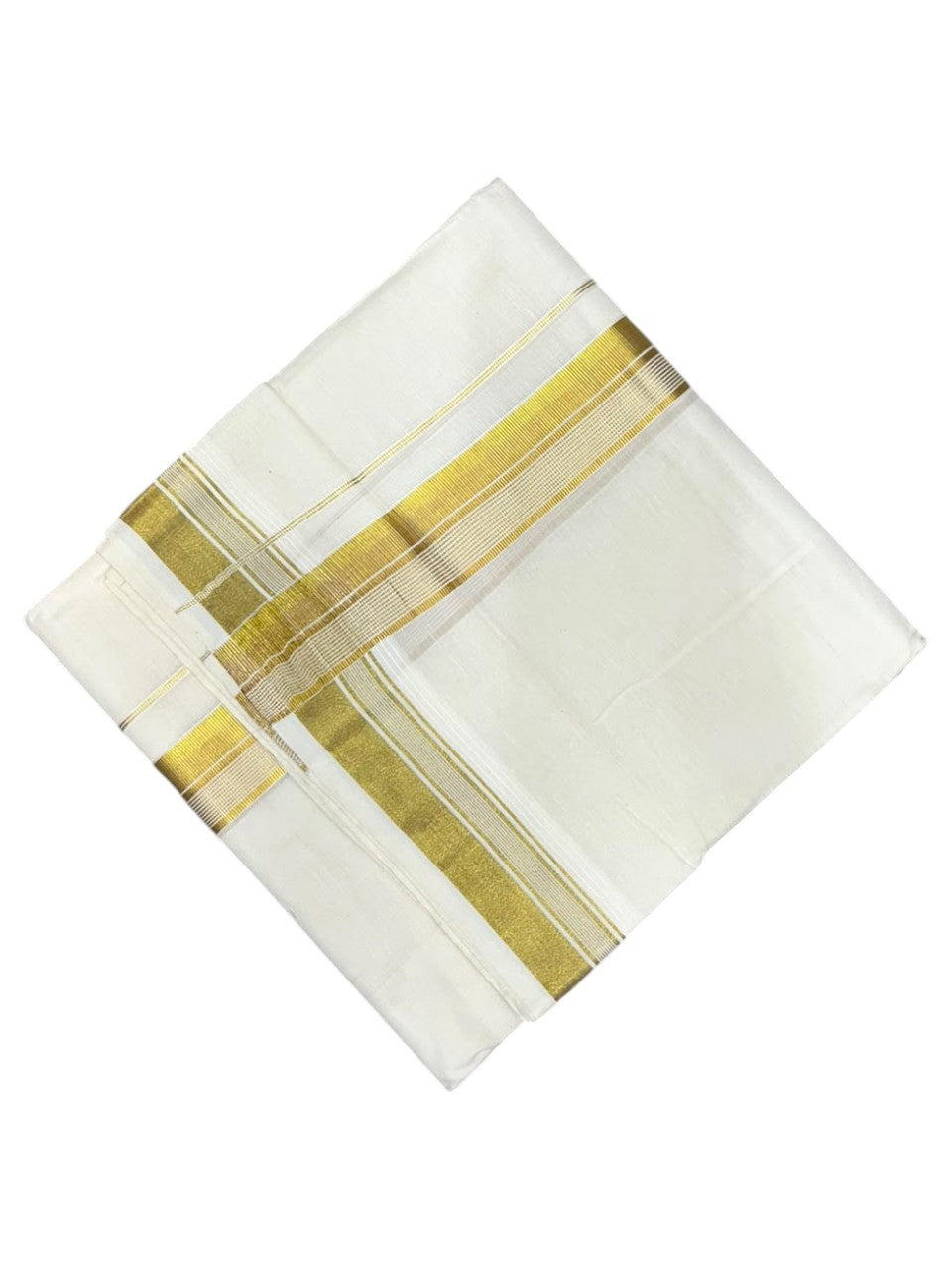 Southloom Kerala Pure Cotton Double Mundu with Gold  Kasavu Lines Border (South Indian Dhoti)