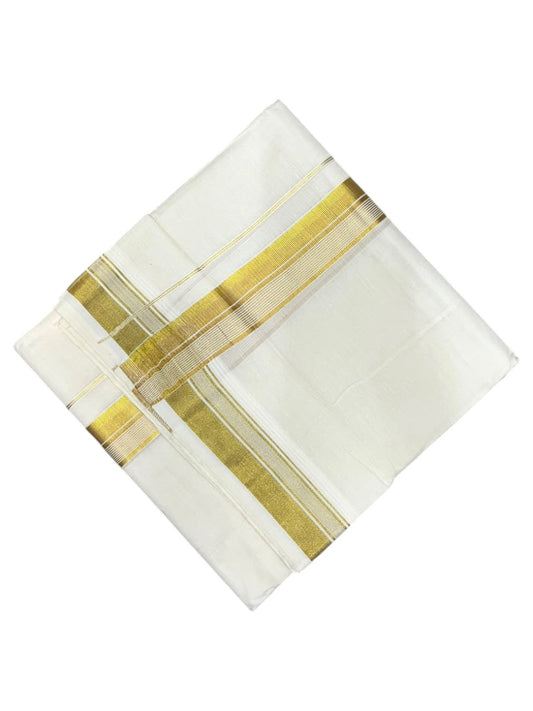 Southloom Kerala Pure Cotton Double Mundu with Gold  Kasavu Lines Border (South Indian Dhoti)