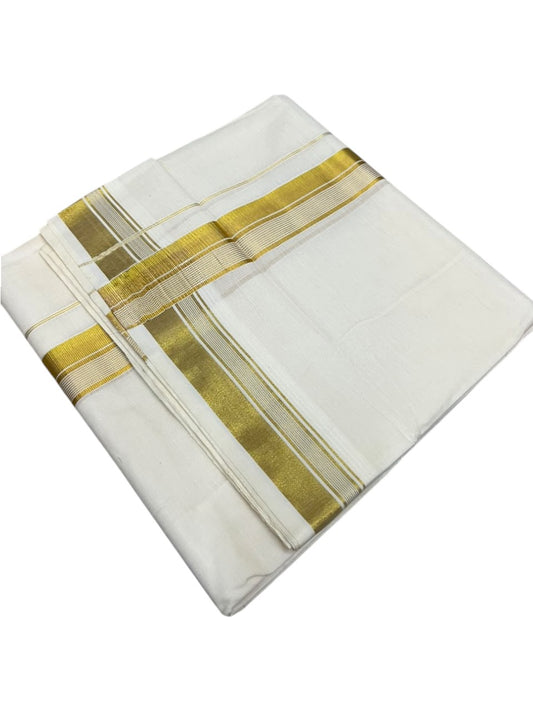 Southloom Kerala Pure Cotton Double Mundu with Gold  Kasavu Lines Border (South Indian Dhoti)