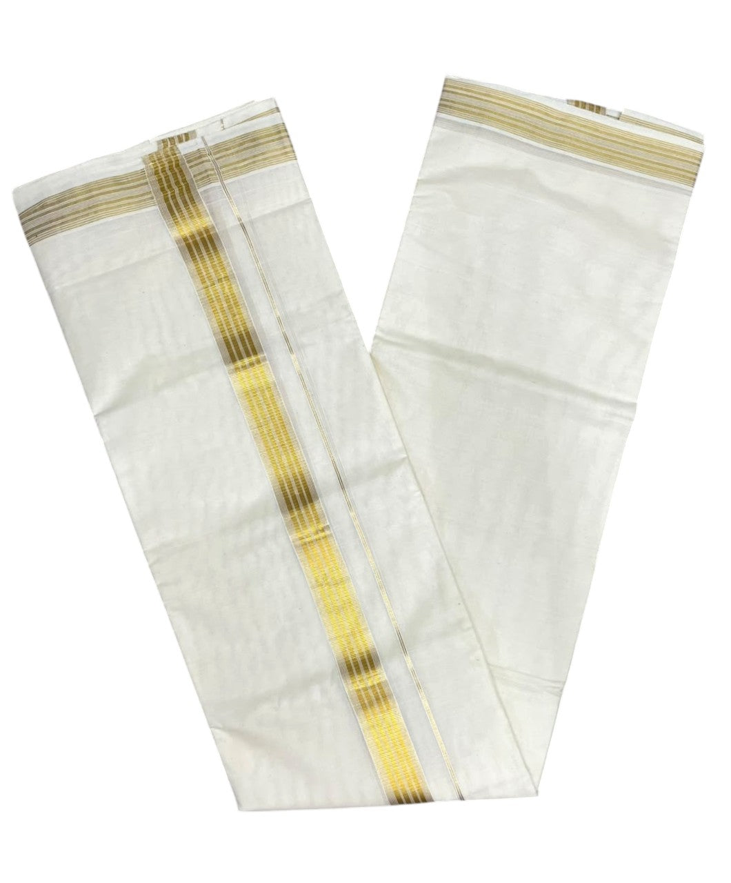 Southloom Kerala Pure Cotton Double Mundu with Gold  Kasavu Lines Border (South Indian Dhoti)