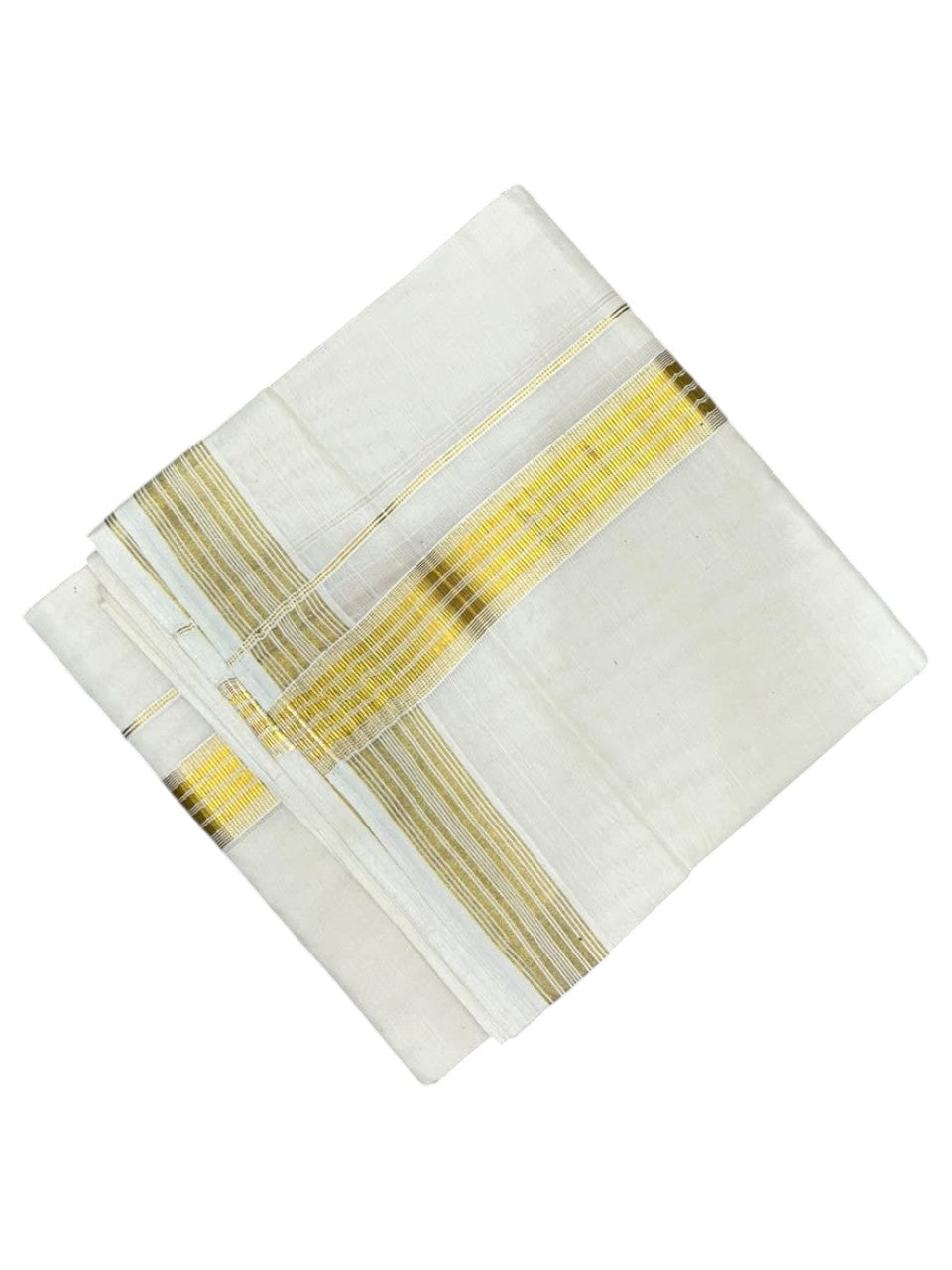 Southloom Kerala Pure Cotton Double Mundu with Gold  Kasavu Lines Border (South Indian Dhoti)