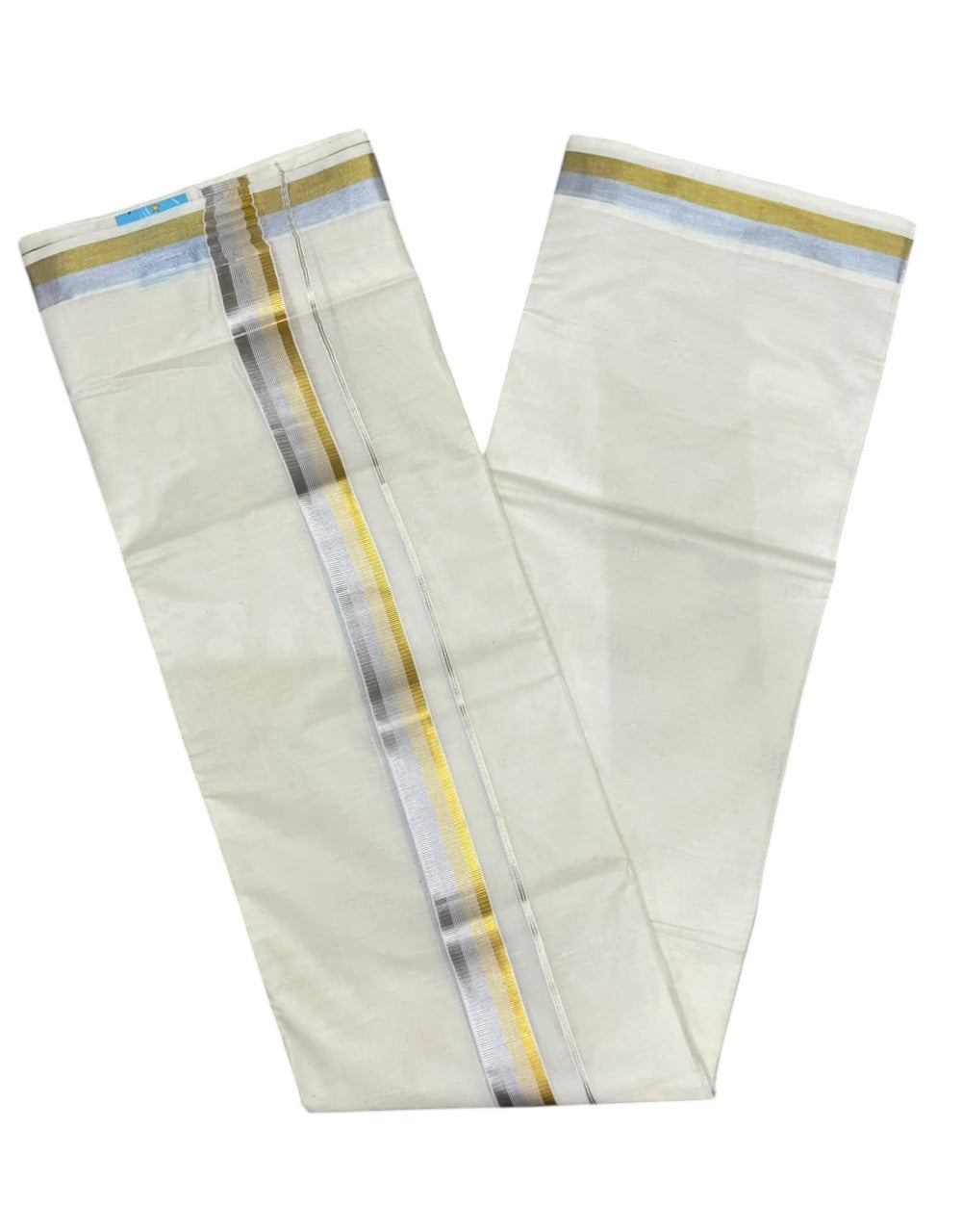 Southloom Kerala Pure Cotton Double Mundu with Gold &Silver Kasavu  Border (South Indian Dhoti)