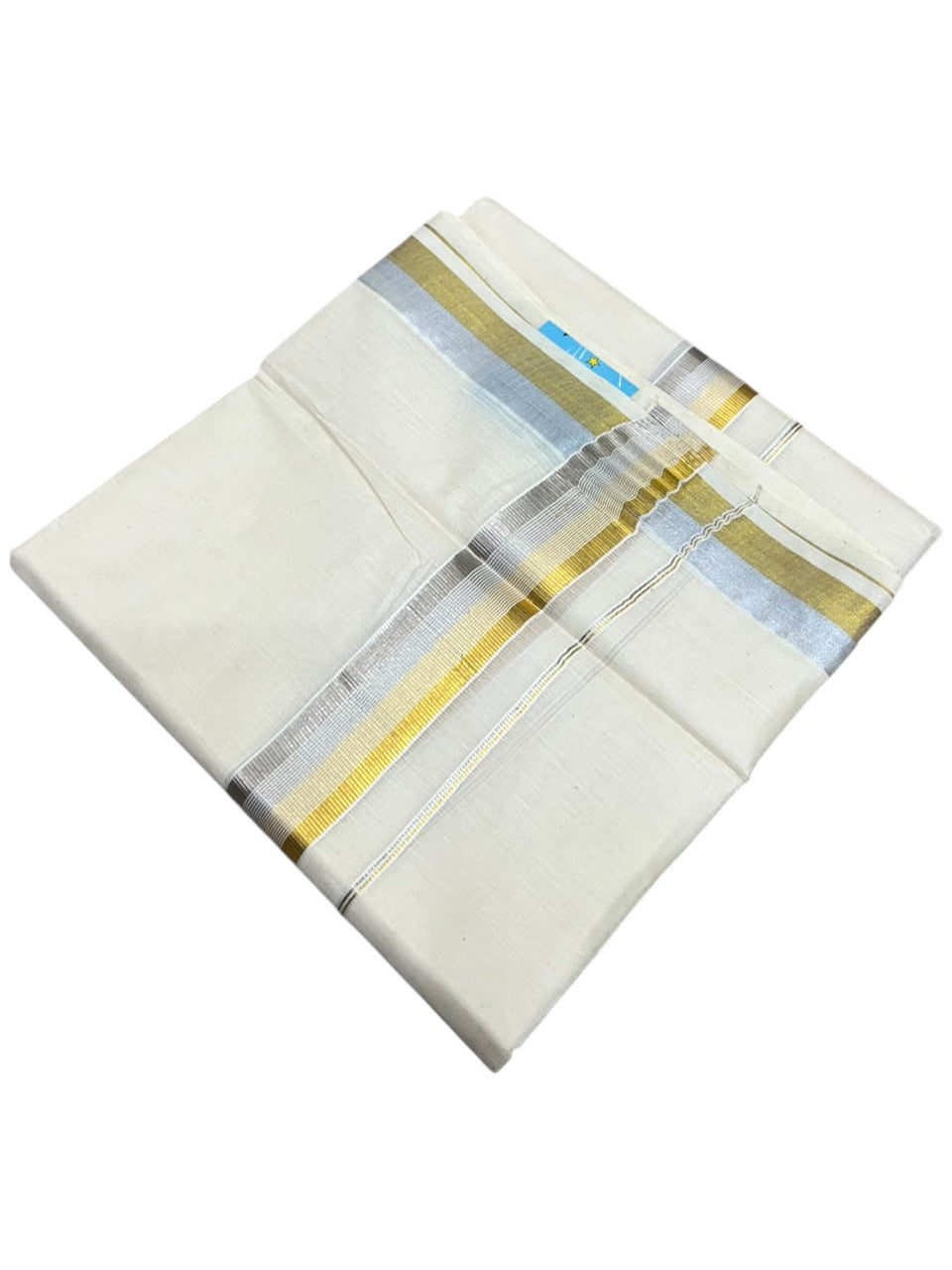 Southloom Kerala Pure Cotton Double Mundu with Gold &Silver Kasavu  Border (South Indian Dhoti)