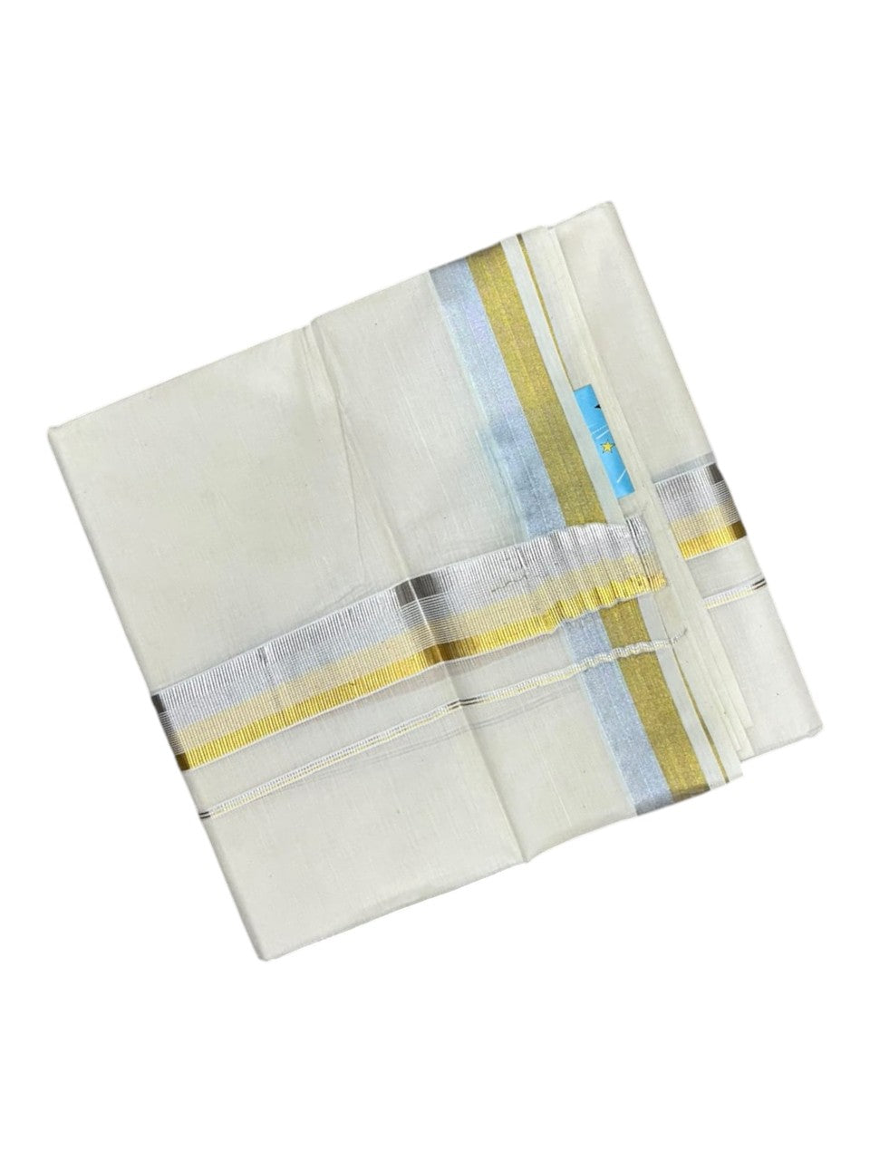 Southloom Kerala Pure Cotton Double Mundu with Gold &Silver Kasavu  Border (South Indian Dhoti)