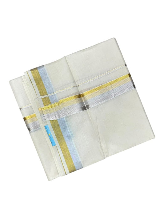 Southloom Kerala Pure Cotton Double Mundu with Gold &Silver Kasavu  Border (South Indian Dhoti)