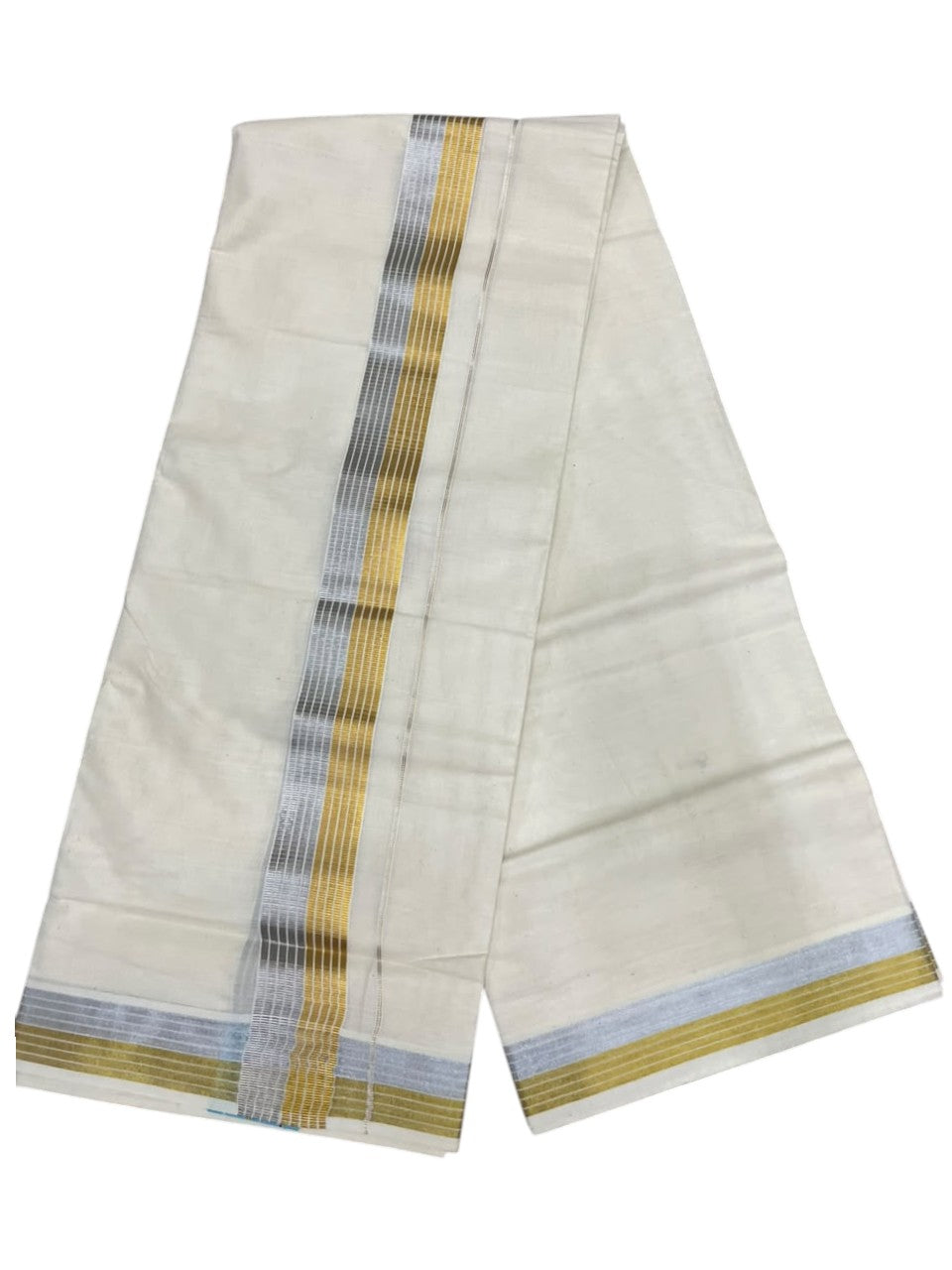 Southloom Kerala Pure Cotton Double Mundu with Gold &Silver Kasavu Lines Border (South Indian Dhoti)