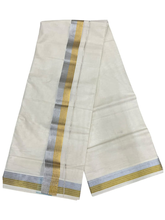 Southloom Kerala Pure Cotton Double Mundu with Gold &Silver Kasavu Lines Border (South Indian Dhoti)