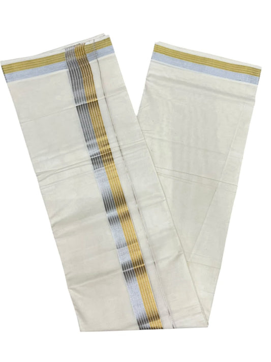 Southloom Kerala Pure Cotton Double Mundu with Gold &Silver Kasavu Lines Border (South Indian Dhoti)
