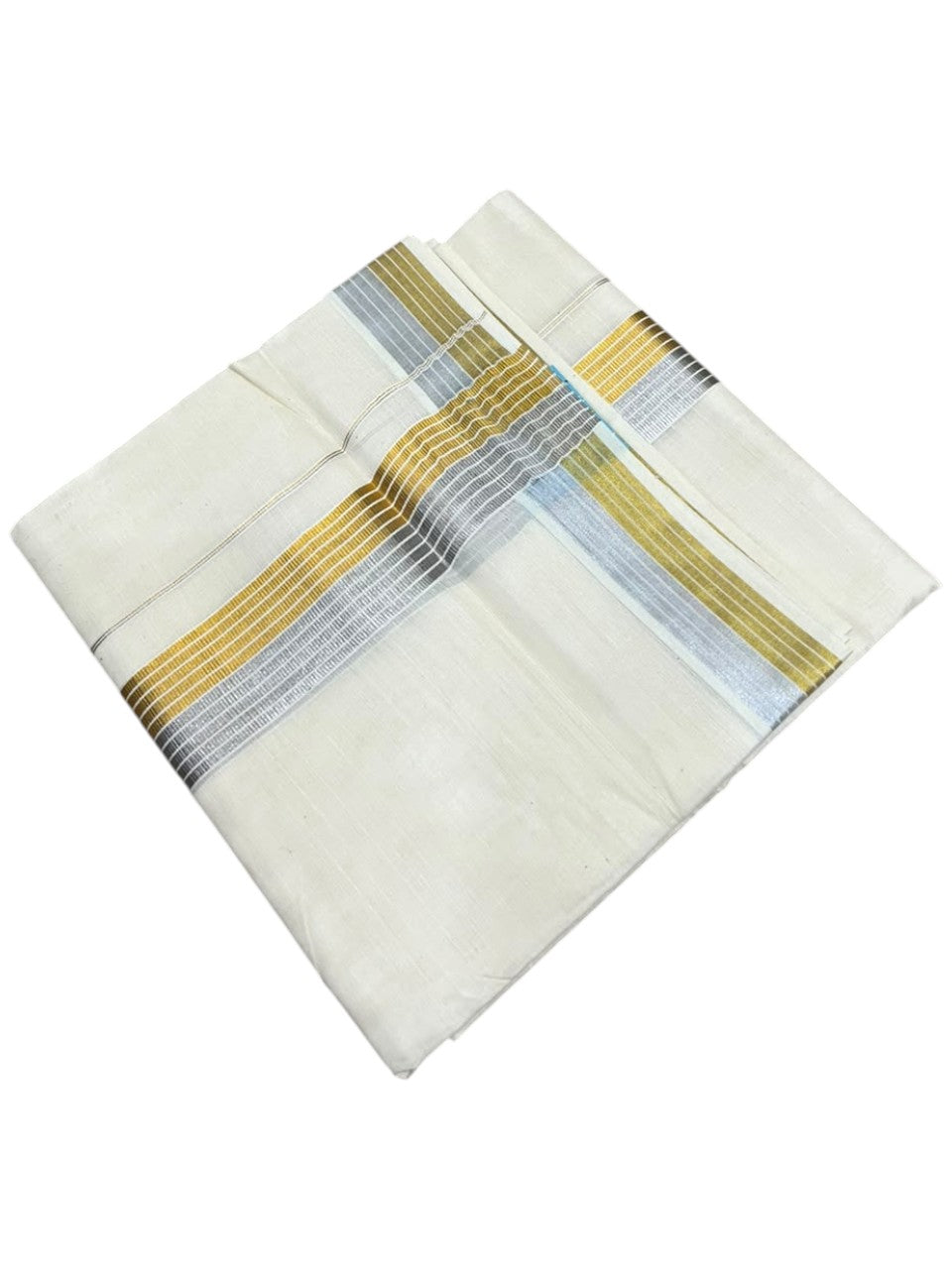 Southloom Kerala Pure Cotton Double Mundu with Gold &Silver Kasavu Lines Border (South Indian Dhoti)