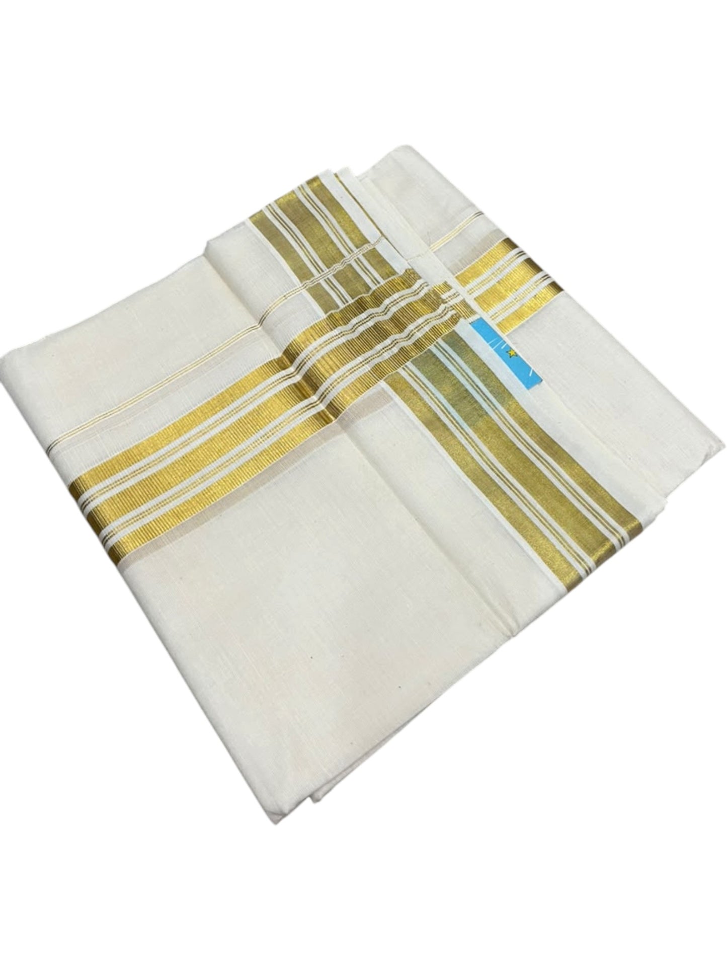 Southloom Kerala Pure Cotton Double Mundu with Gold  Kasavu Lines Border (South Indian Dhoti)