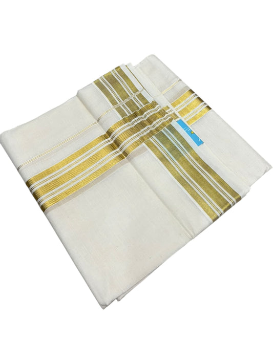 Southloom Kerala Pure Cotton Double Mundu with Gold  Kasavu Lines Border (South Indian Dhoti)