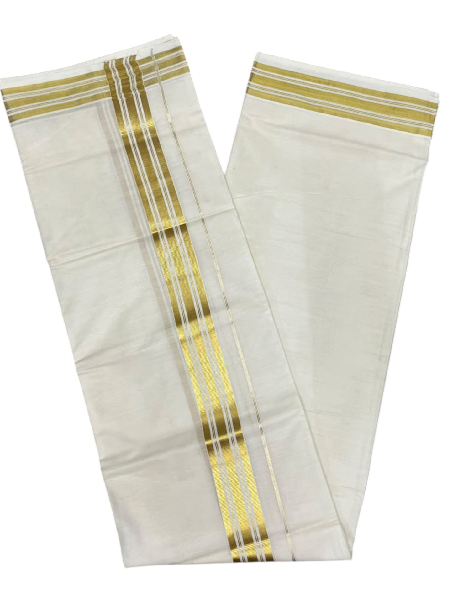 Southloom Kerala Pure Cotton Double Mundu with Gold  Kasavu Lines Border (South Indian Dhoti)