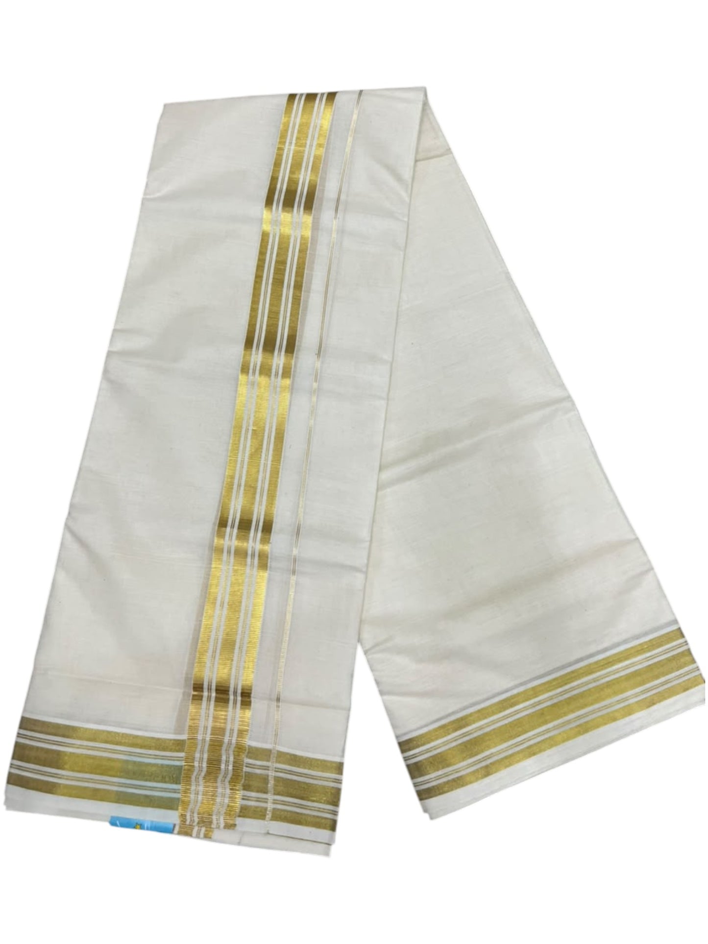 Southloom Kerala Pure Cotton Double Mundu with Gold  Kasavu Lines Border (South Indian Dhoti)
