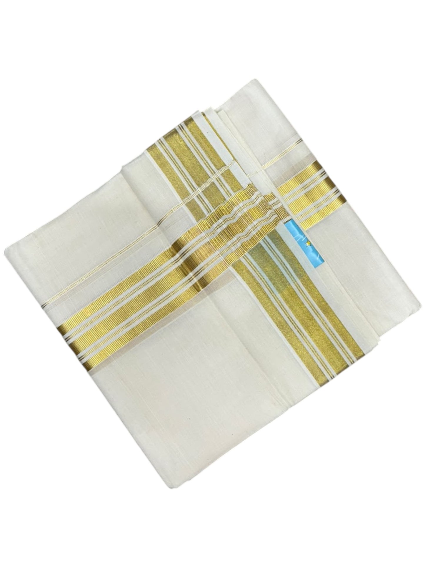 Southloom Kerala Pure Cotton Double Mundu with Gold  Kasavu Lines Border (South Indian Dhoti)