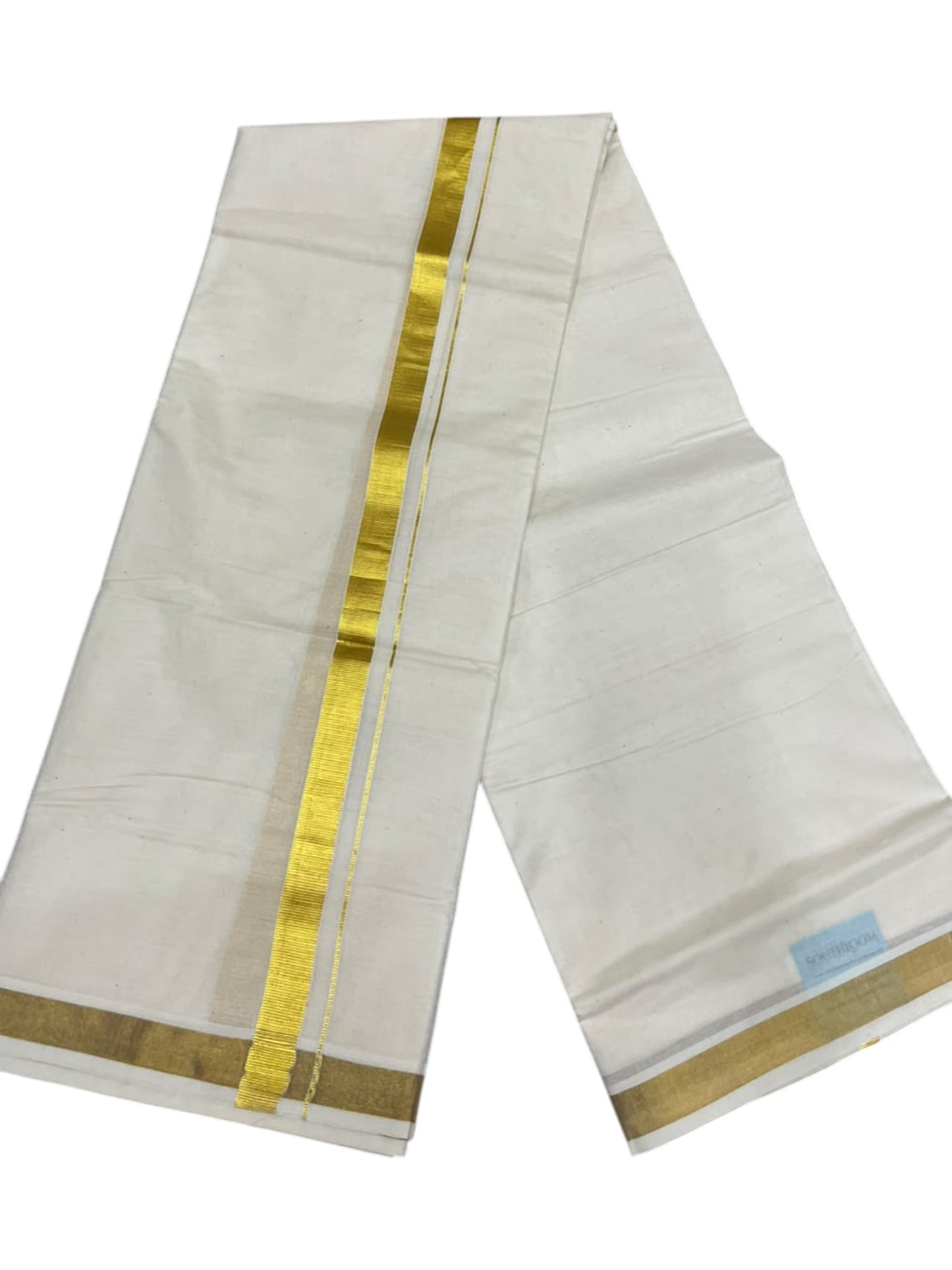 Southloom Kerala Pure Cotton Double Mundu with Gold  Kasavu  Border (South Indian Dhoti)