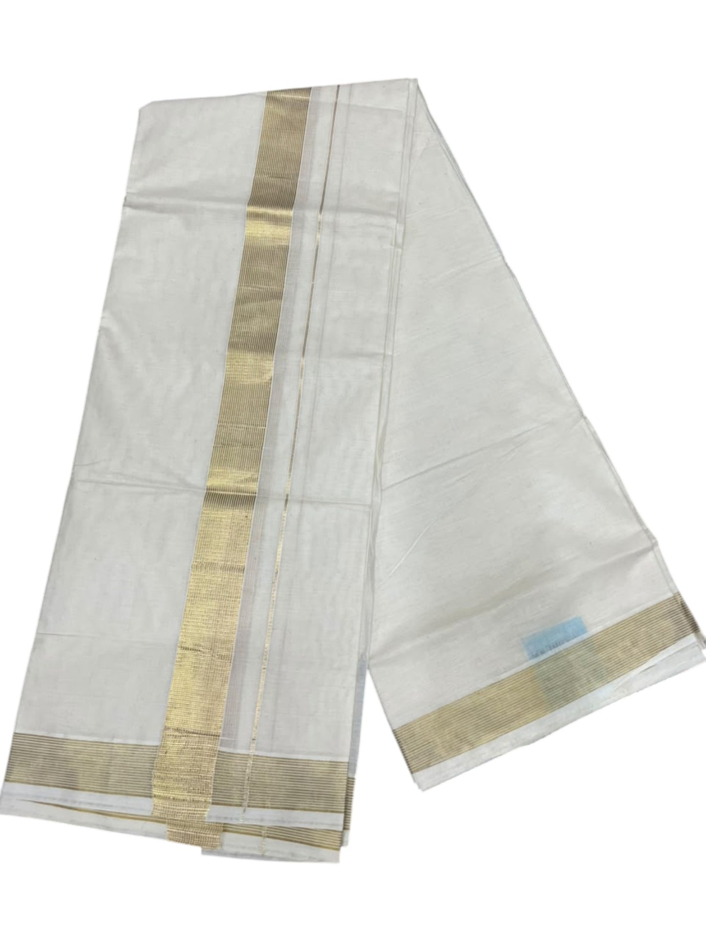 Southloom Kerala Pure Cotton Double Mundu with Gold  Kasavu Lines Border (South Indian Dhoti)