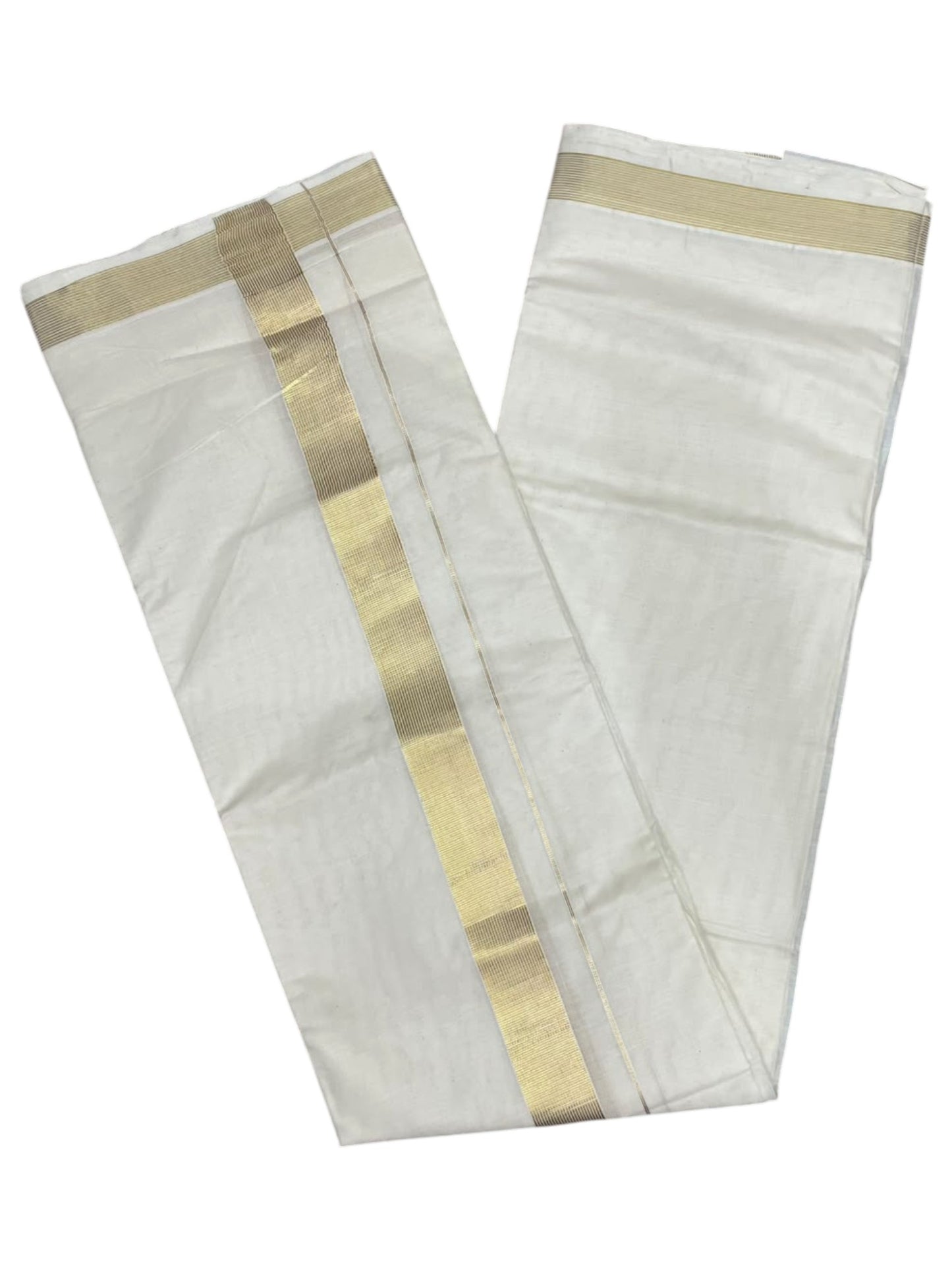 Southloom Kerala Pure Cotton Double Mundu with Gold  Kasavu Lines Border (South Indian Dhoti)