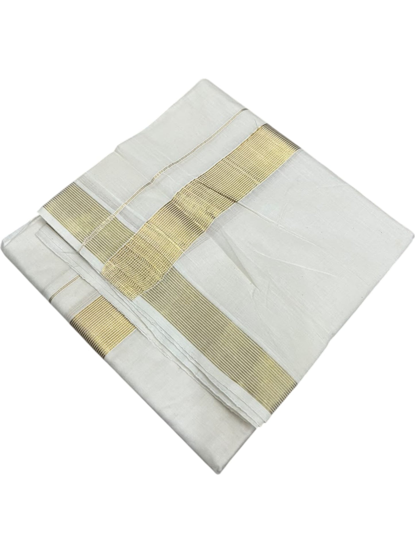 Southloom Kerala Pure Cotton Double Mundu with Gold  Kasavu Lines Border (South Indian Dhoti)
