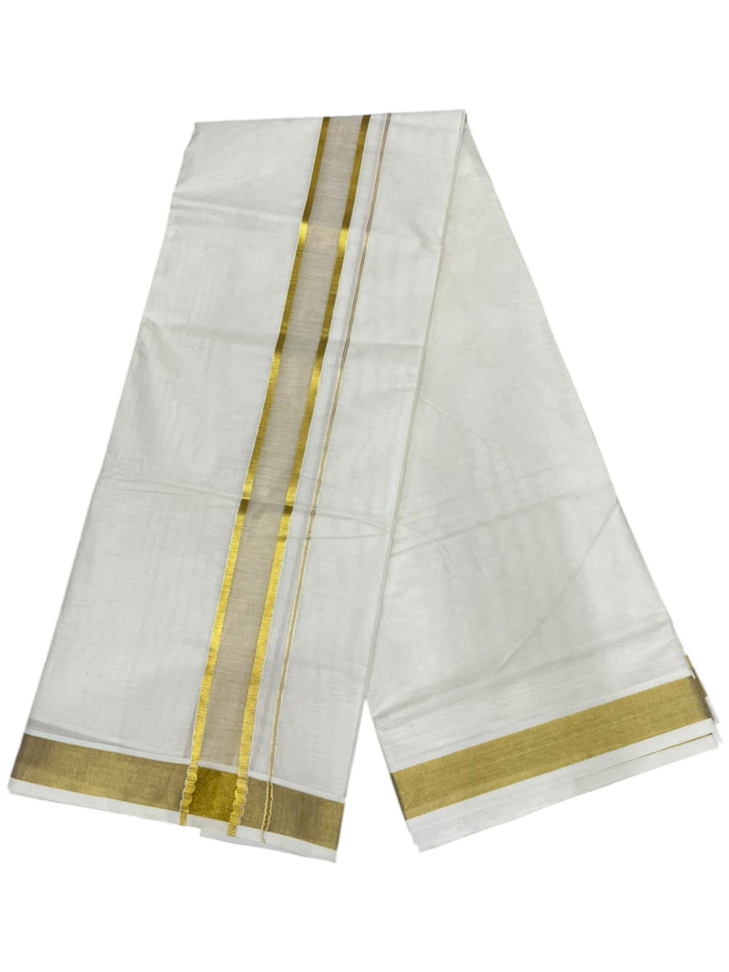 Southloom Kerala Pure Cotton Double Mundu with Gold  Kasavu Border (South Indian Dhoti)