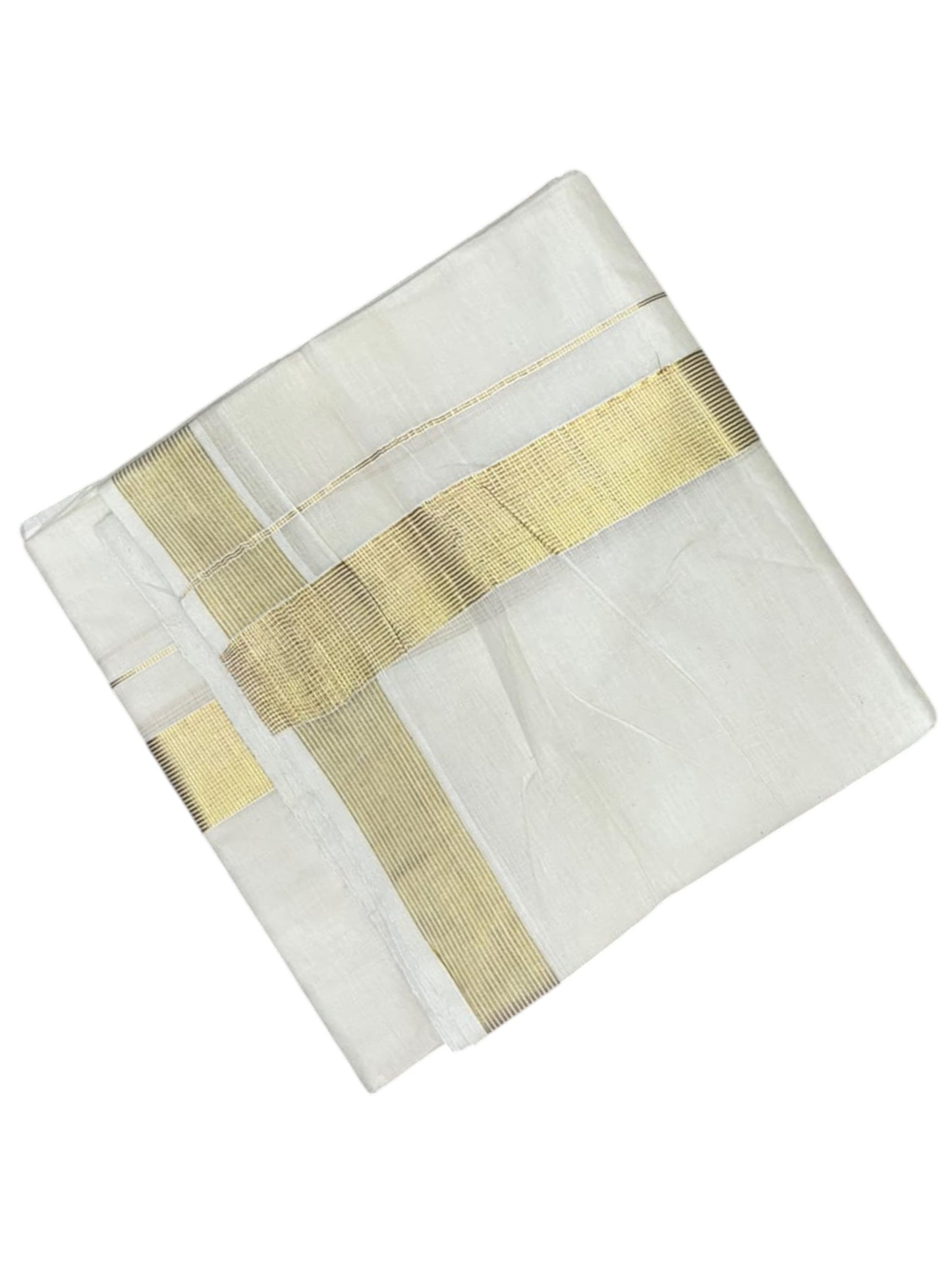 Southloom Kerala Pure Cotton Double Mundu with Gold  Kasavu Lines Border (South Indian Dhoti)