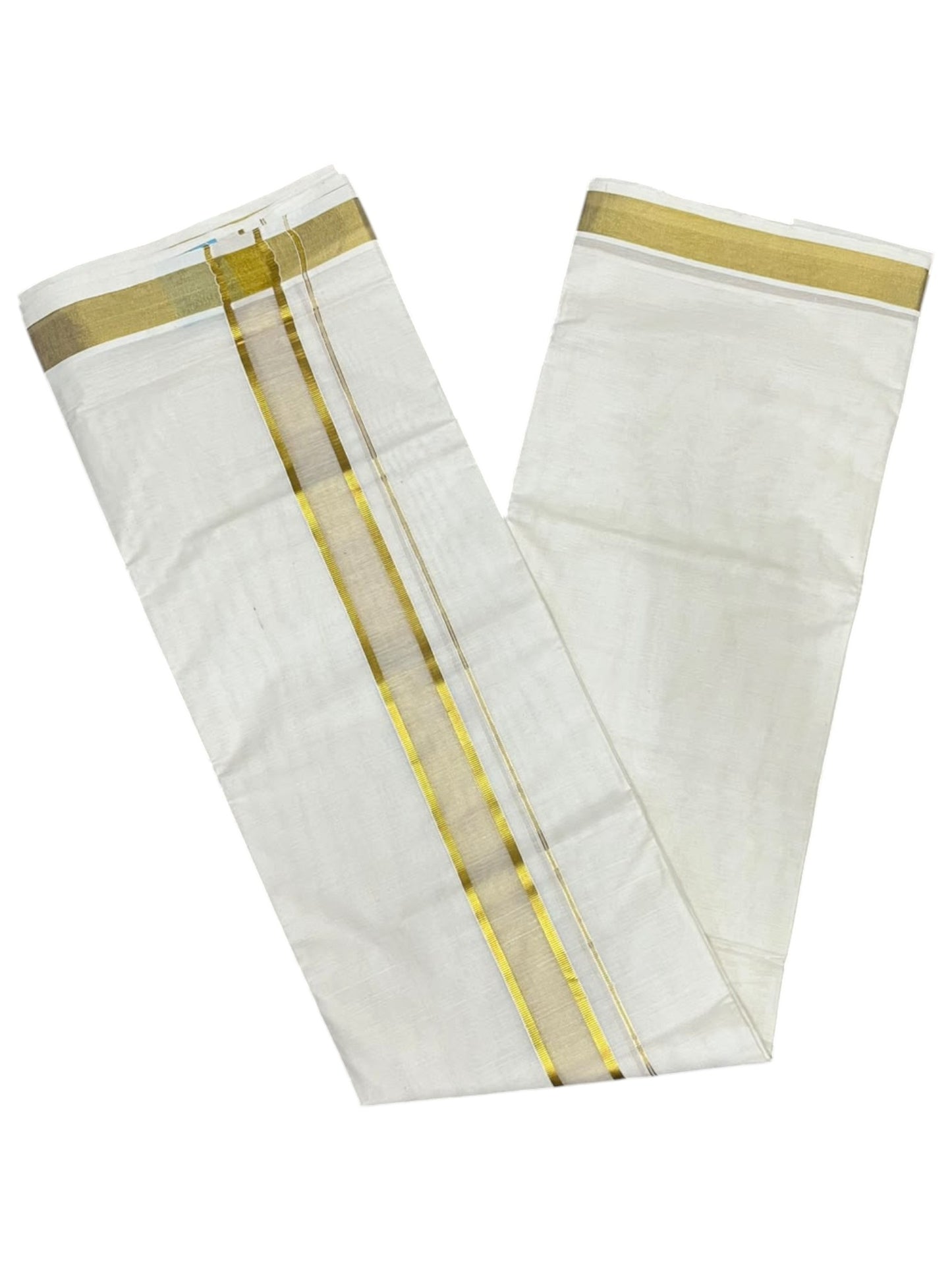Southloom Kerala Pure Cotton Double Mundu with Gold  Kasavu Border (South Indian Dhoti)
