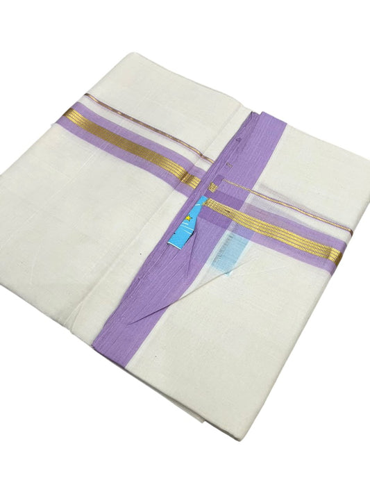 Southloom Balaramapuram Unakkupaavu Premium Handloom Cotton Double Mundu with Gold Kasavu and Lavender Border
