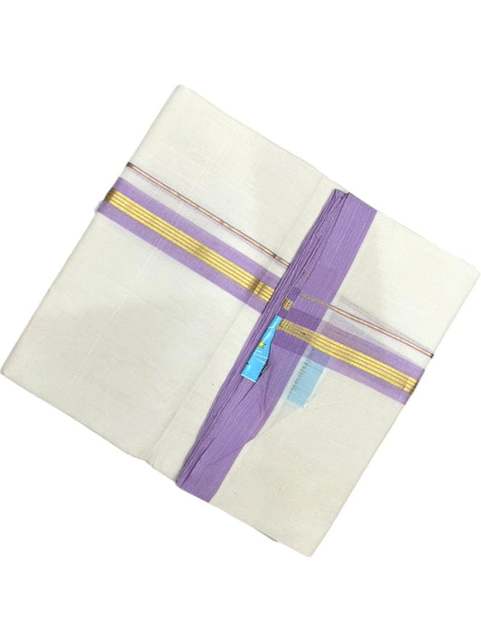 Southloom Balaramapuram Unakkupaavu Premium Handloom Cotton Double Mundu with Gold Kasavu and Lavender Border