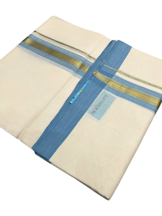 Southloom Balaramapuram Unakkupaavu Premium Handloom Cotton Double Mundu with Gold Kasavu and Blue Border