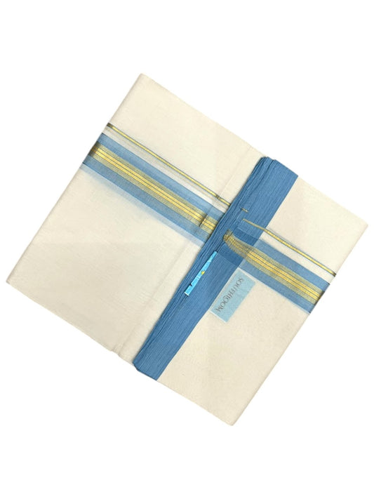 Southloom Balaramapuram Unakkupaavu Premium Handloom Cotton Double Mundu with Gold Kasavu and Blue Border