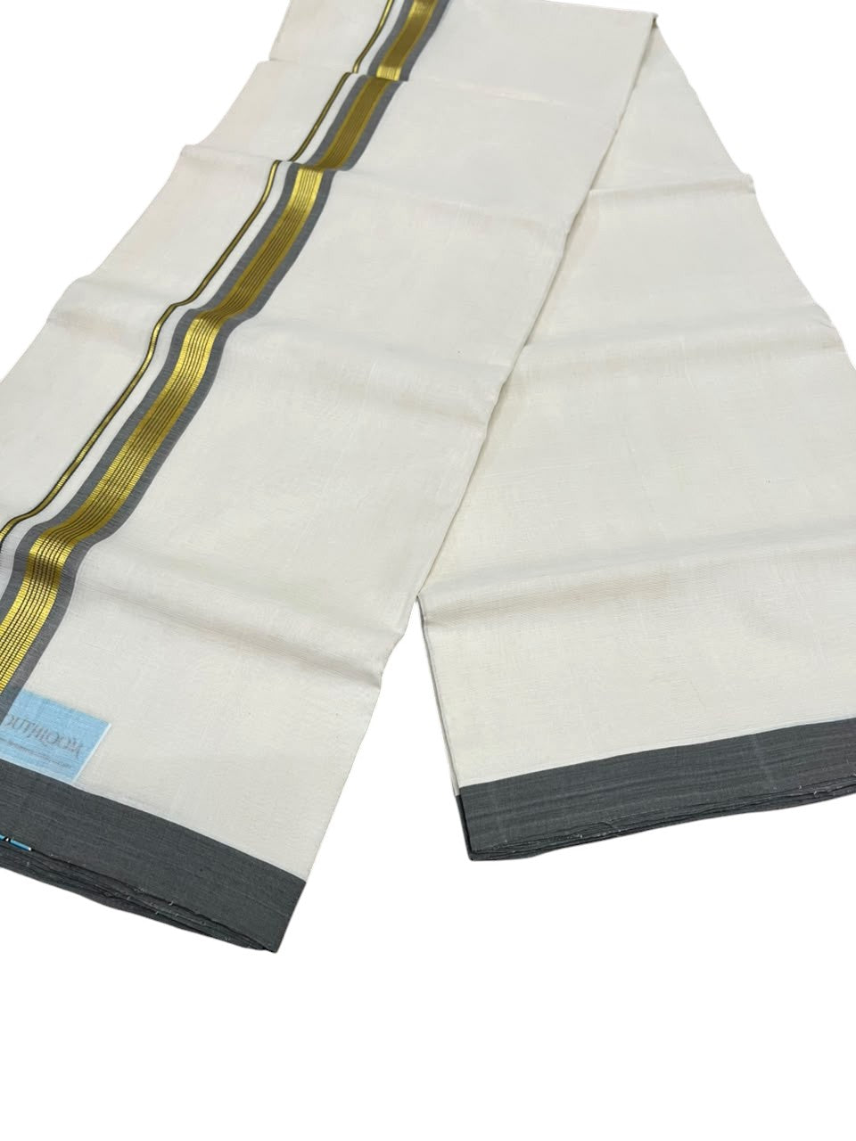 Southloom Balaramapuram Unakkupaavu Premium Handloom Cotton Double Mundu with Gold Kasavu and Grey Border