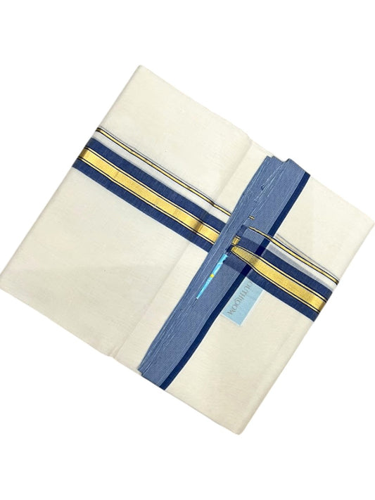 Southloom Balaramapuram Unakkupaavu Premium Handloom Cotton Double Mundu with Gold Kasavu and  Blue Border