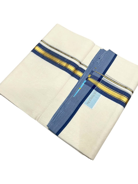 Southloom Balaramapuram Unakkupaavu Premium Handloom Cotton Double Mundu with Gold Kasavu and  Blue Border