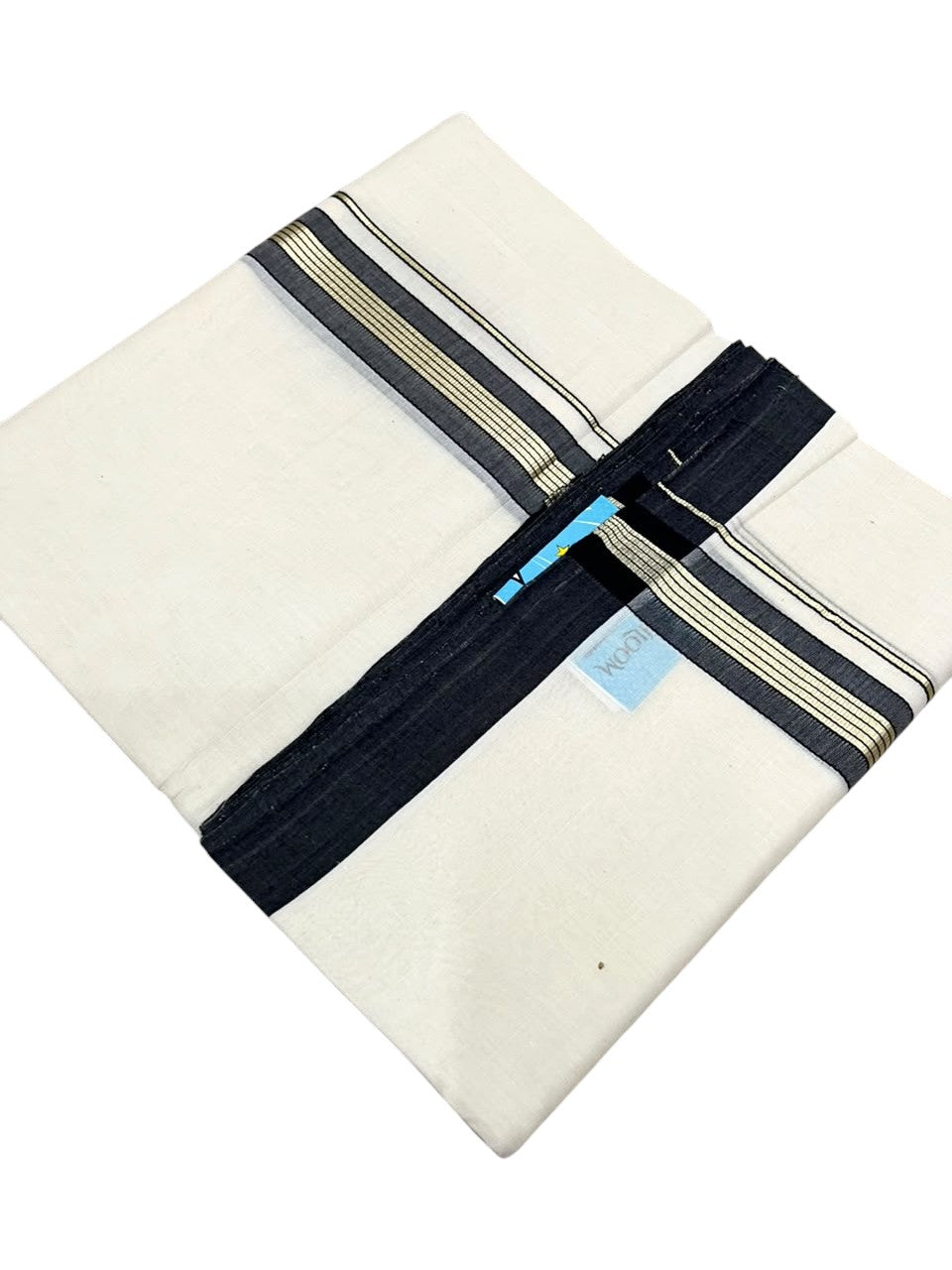 Southloom Balaramapuram Unakkupaavu Premium Handloom Cotton Double Mundu with Gold Kasavu and  Black Border