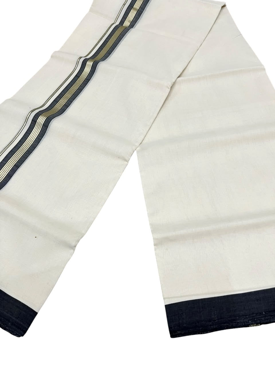 Southloom Balaramapuram Unakkupaavu Premium Handloom Cotton Double Mundu with Gold Kasavu and  Black Border
