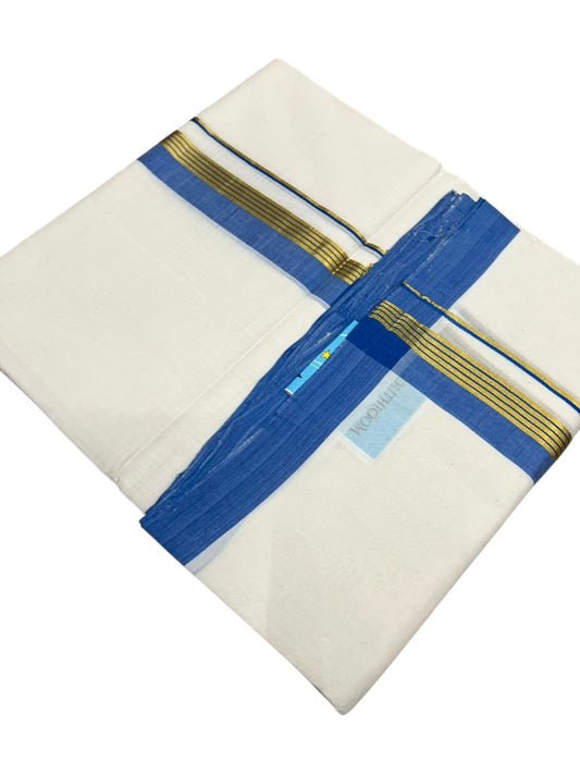 Southloom Balaramapuram Unakkupaavu Premium Handloom Cotton Double Mundu with Gold Kasavu and  Blue Border