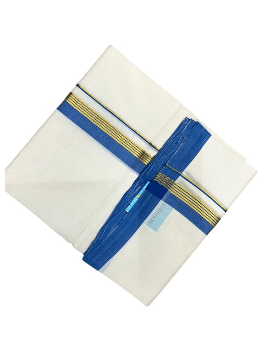 Southloom Balaramapuram Unakkupaavu Premium Handloom Cotton Double Mundu with Gold Kasavu and  Blue Border