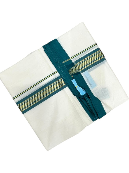 Southloom Balaramapuram Unakkupaavu Premium Handloom Cotton Double Mundu with Gold Kasavu and  Peacock Green Border