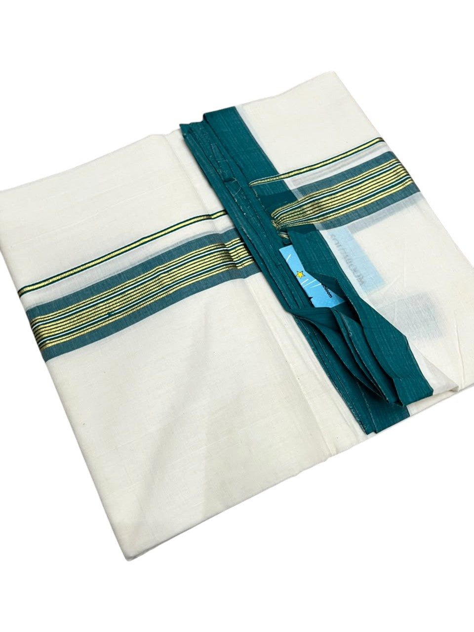 Southloom Balaramapuram Unakkupaavu Premium Handloom Cotton Double Mundu with Gold Kasavu and  Peacock Green Border