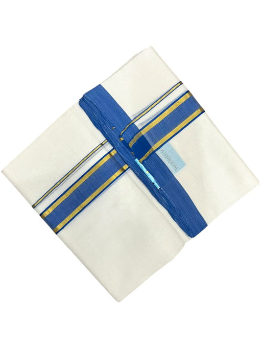 Southloom Balaramapuram Unakkupaavu Premium Handloom Cotton Double Mundu with Gold Kasavu and Blue Border
