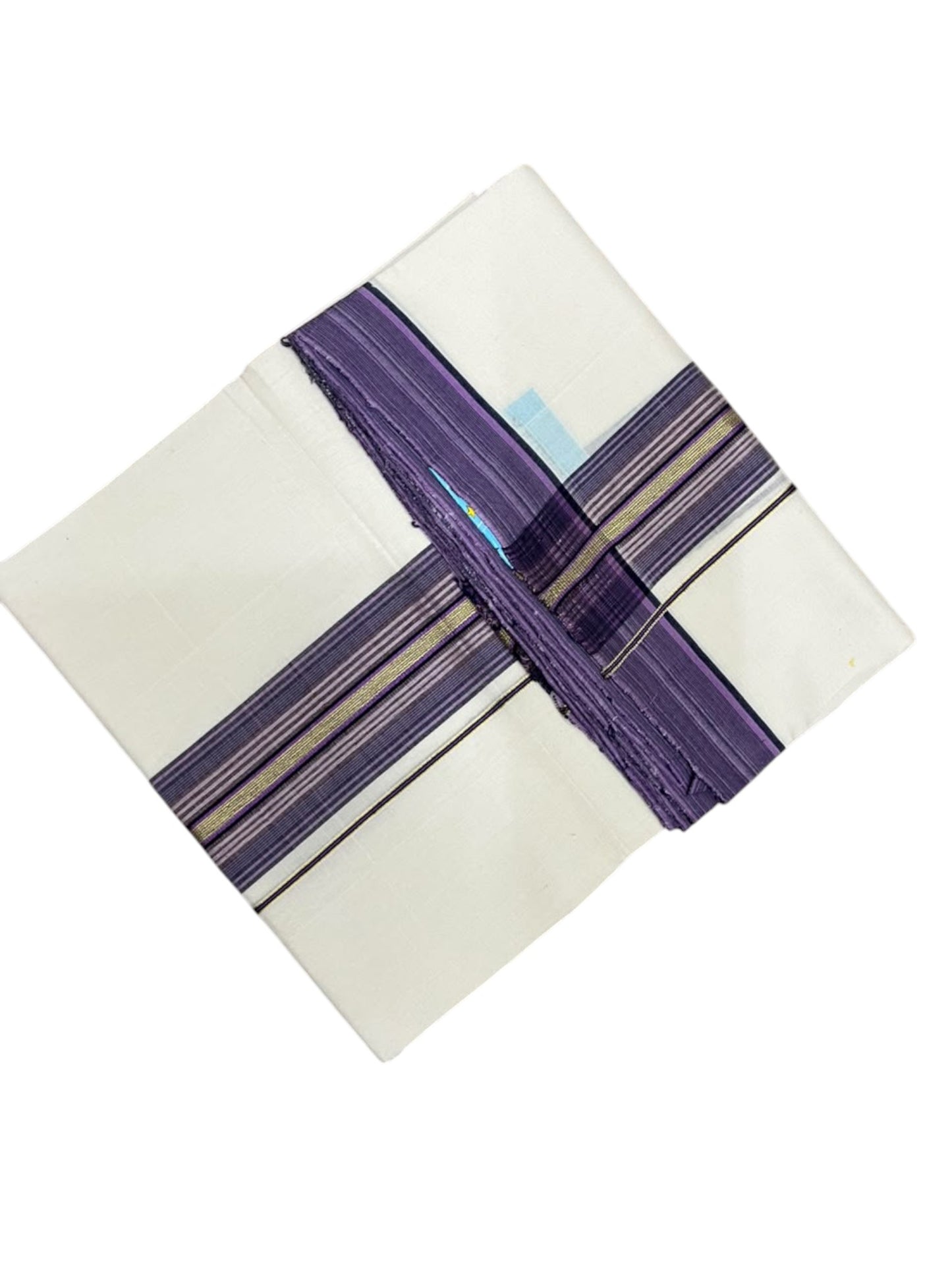 Southloom Balaramapuram Unakkupaavu Premium Handloom Cotton Double Mundu with Gold Kasavu and Violet Border