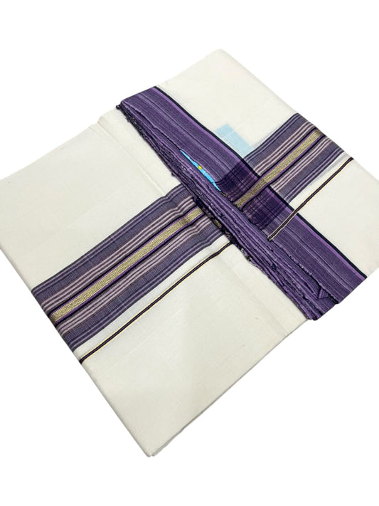 Southloom Balaramapuram Unakkupaavu Premium Handloom Cotton Double Mundu with Gold Kasavu and Violet Border