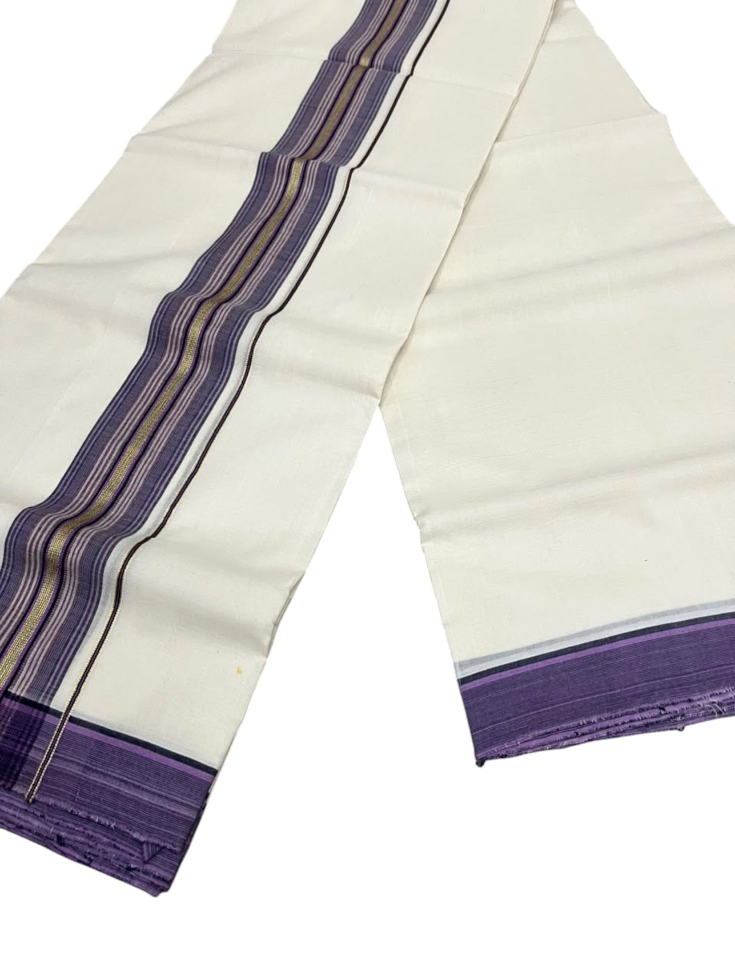 Southloom Balaramapuram Unakkupaavu Premium Handloom Cotton Double Mundu with Gold Kasavu and Violet Border