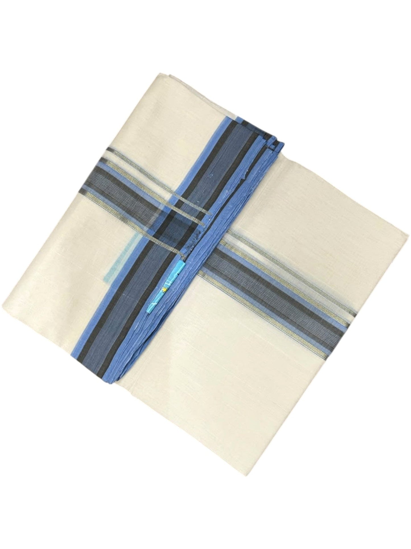 Southloom Balaramapuram Unakkupaavu Premium Handloom Cotton Double Mundu with Gold Kasavu and Blue Border