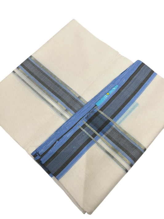 Southloom Balaramapuram Unakkupaavu Premium Handloom Cotton Double Mundu with Gold Kasavu and Blue Border